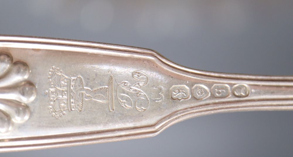 A matched set of twenty two George IV and later silver fiddle, thread and shell pattern dessert forks